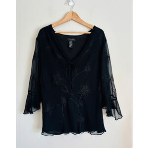 Silkland Womens 3X Black 100% Silk Floral Embroidered Tunic Blouse Elegant